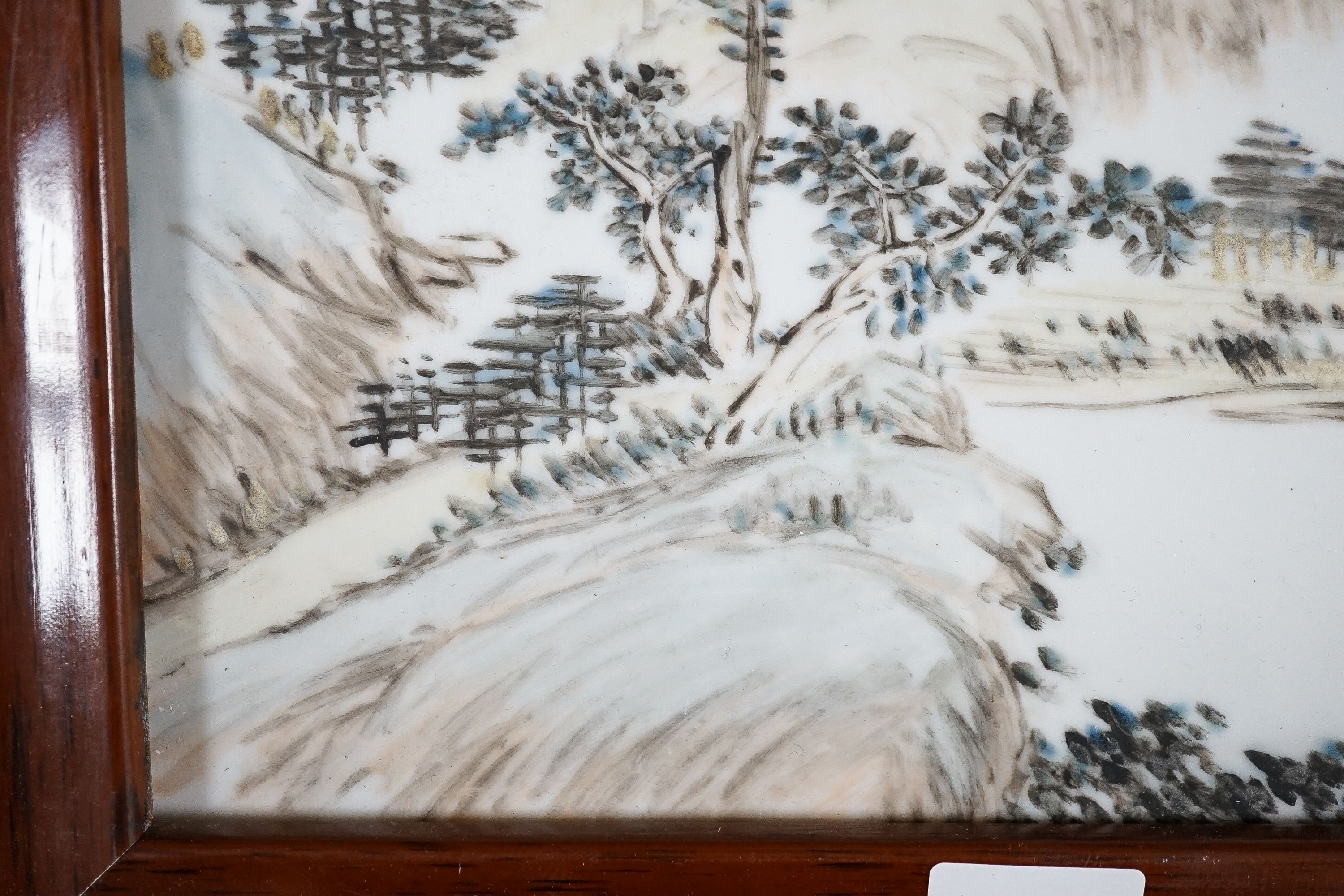 A Chinese porcelain plaque, landscape design with script, 37 x 25cm, in frame